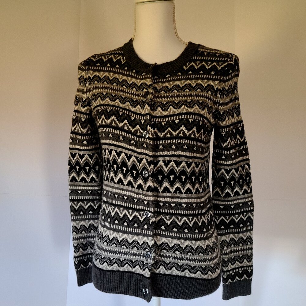 TALBOTS NORDIC FAIR ISLE BEADED CARDIGAN COZY RUSTIC SIZE PETITE